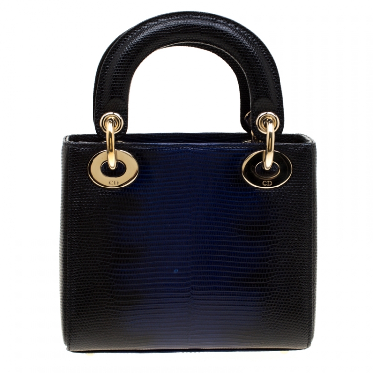 Pre Owned Dior Black/Blue Lizard Skin Leather Mini Lady Dior Top Handle Bag