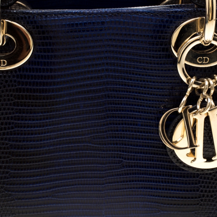 Pre Owned Dior Black/Blue Lizard Skin Leather Mini Lady Dior Top Handle Bag