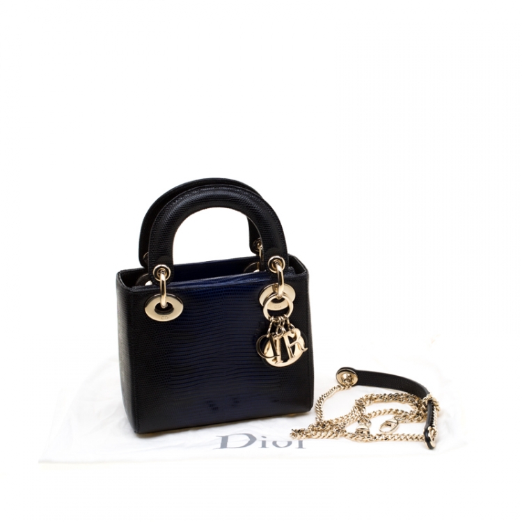 Pre Owned Dior Black/Blue Lizard Skin Leather Mini Lady Dior Top Handle Bag