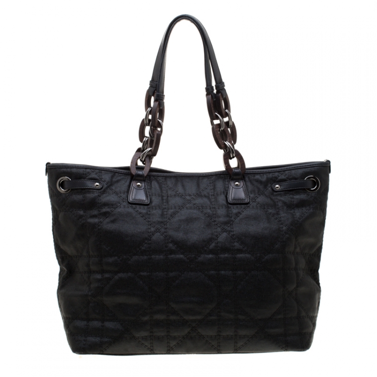 Pre Owned Dior Black Coated Nylon Large Panarea Wooden Chain Shopper Tote