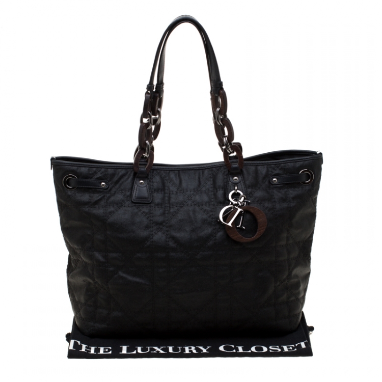 Pre Owned Dior Black Coated Nylon Large Panarea Wooden Chain Shopper Tote