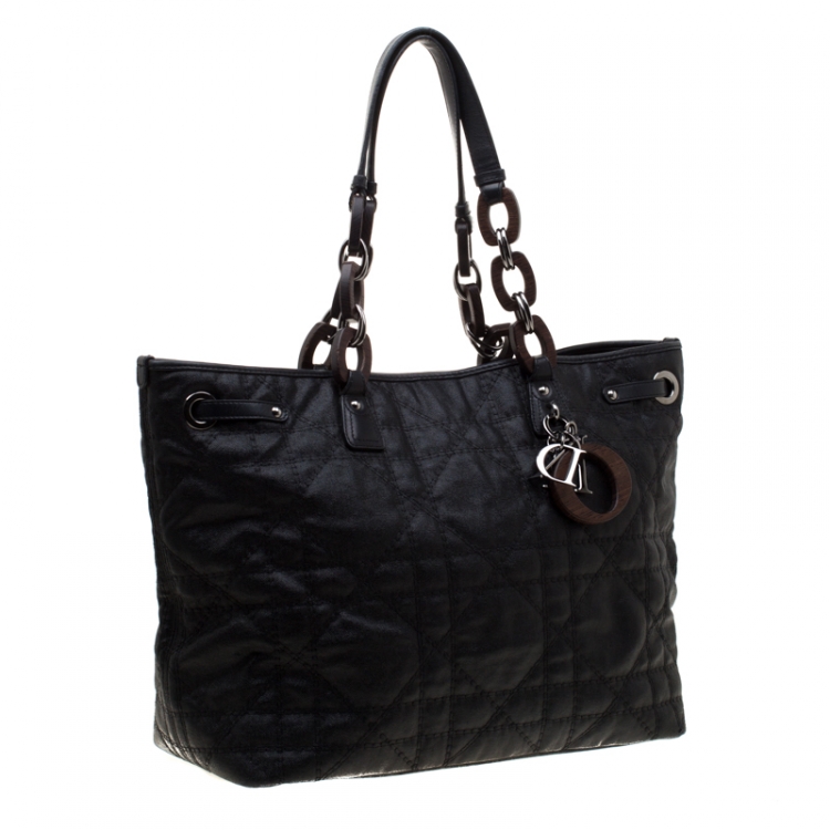 Pre Owned Dior Black Coated Nylon Large Panarea Wooden Chain Shopper Tote