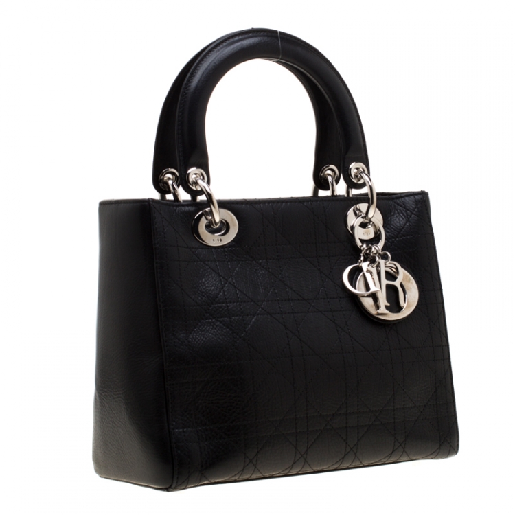 Pre Owned Dior Black Leather Medium Lady Dior Top Handle Bag