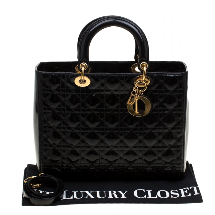 Pre Owned Dior Black Cannage Patent Leather Large Lady Dior Tote