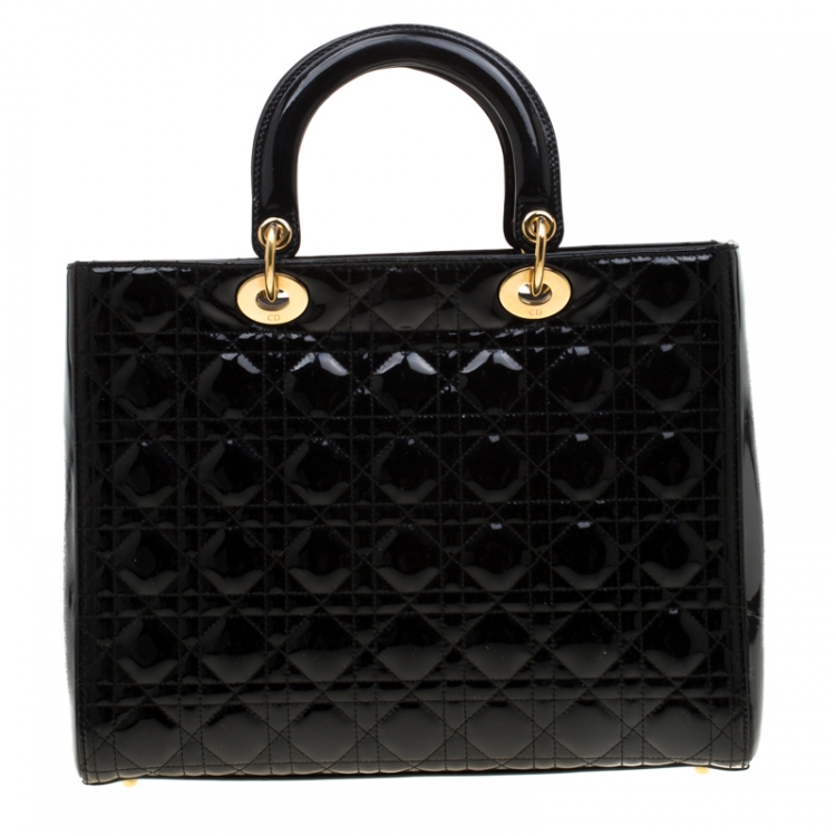 Pre Owned Dior Black Cannage Patent Leather Large Lady Dior Tote