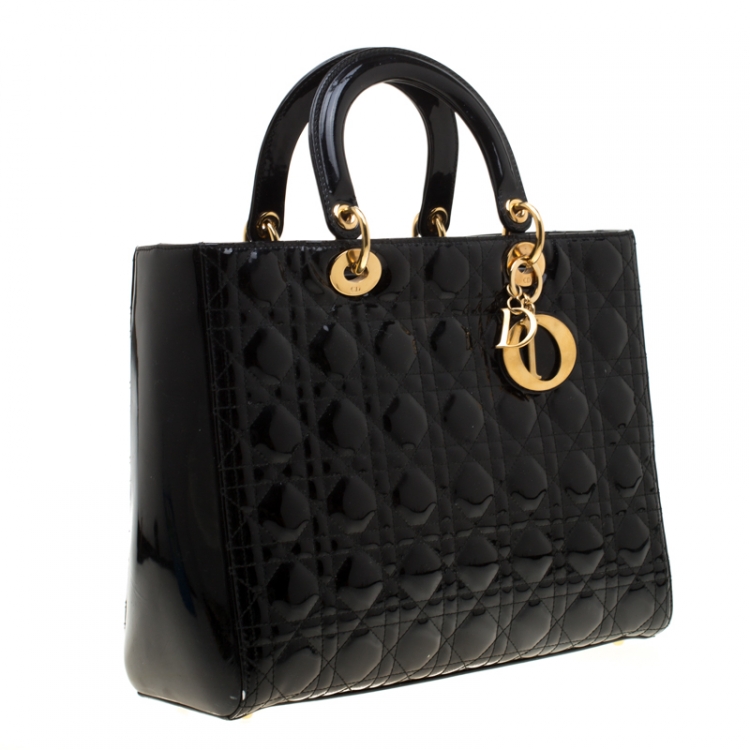 Pre Owned Dior Black Cannage Patent Leather Large Lady Dior Tote