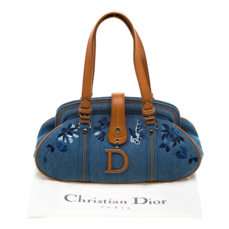 Pre Owned Dior Blue Denim Floral Embroided Frame Satchel 