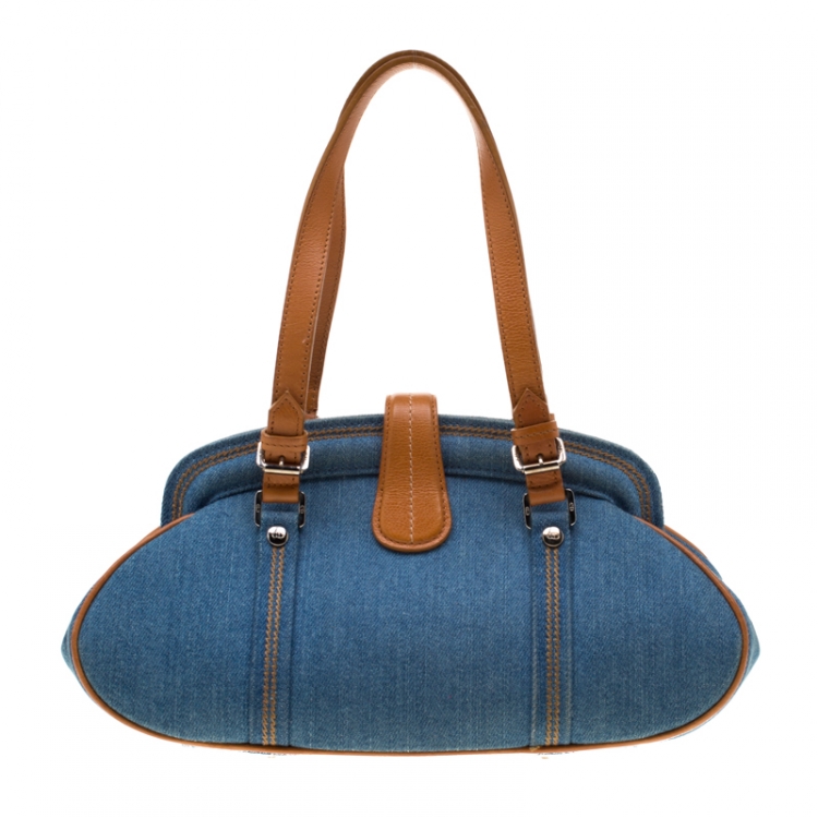 Pre Owned Dior Blue Denim Floral Embroided Frame Satchel 