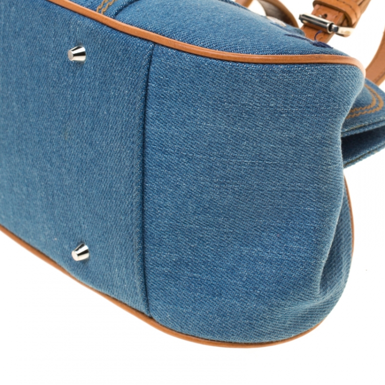 Pre Owned Dior Blue Denim Floral Embroided Frame Satchel 
