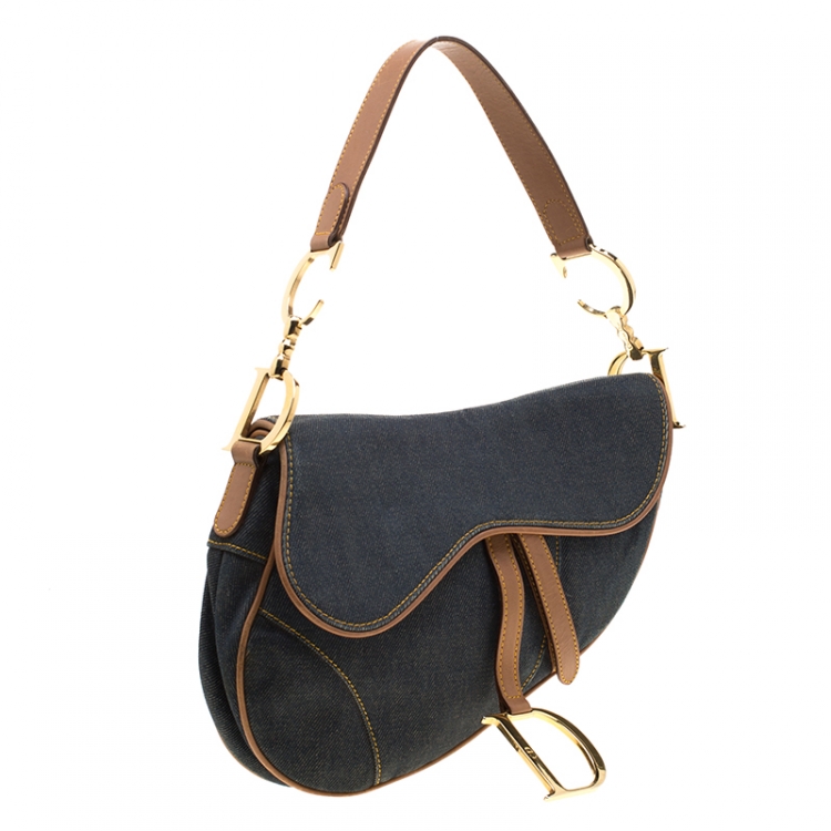 Pre Owned Dior Blue/Brown Denim and Leather Saddle Bag