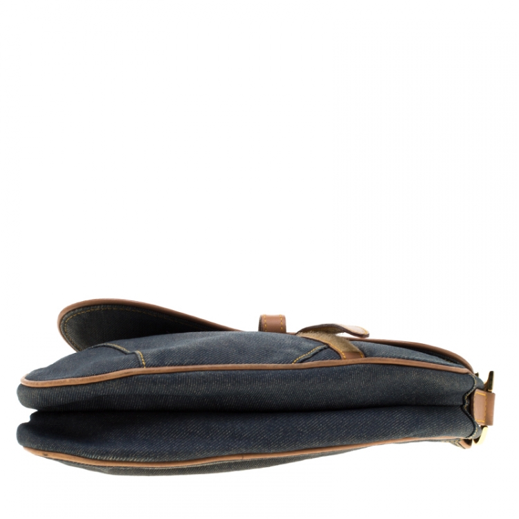 Pre Owned Dior Blue/Brown Denim and Leather Saddle Bag