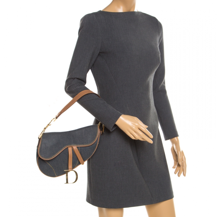 Pre Owned Dior Blue/Brown Denim and Leather Saddle Bag