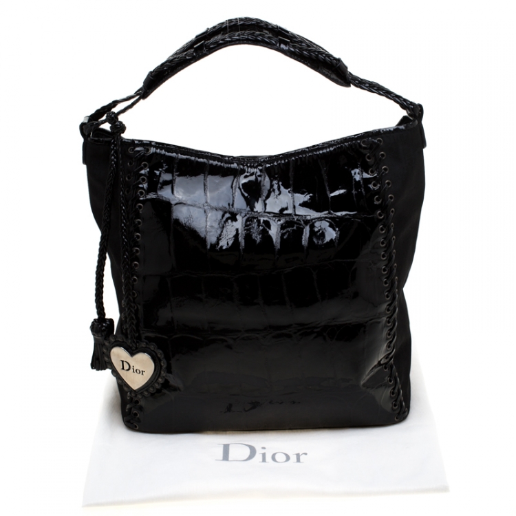 Pre Owned Dior Black Patent Leather and Diorissimo Nylon Lace Up Braided Handle Hobo