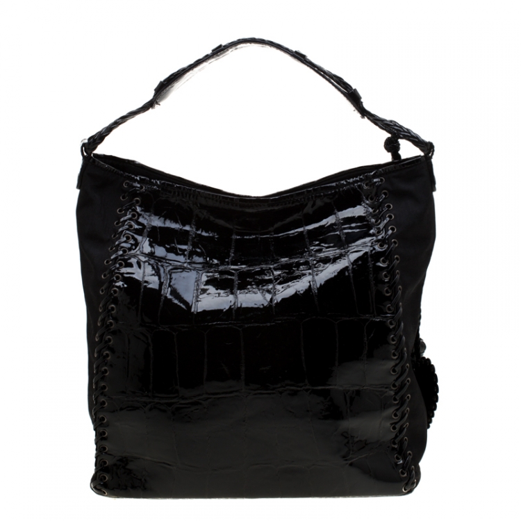 Pre Owned Dior Black Patent Leather and Diorissimo Nylon Lace Up Braided Handle Hobo