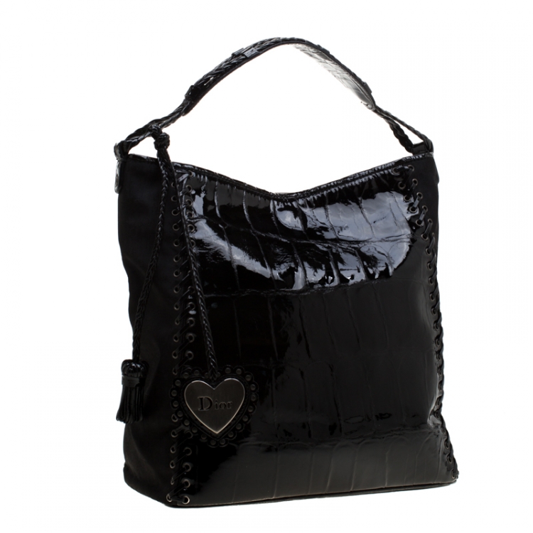 Pre Owned Dior Black Patent Leather and Diorissimo Nylon Lace Up Braided Handle Hobo