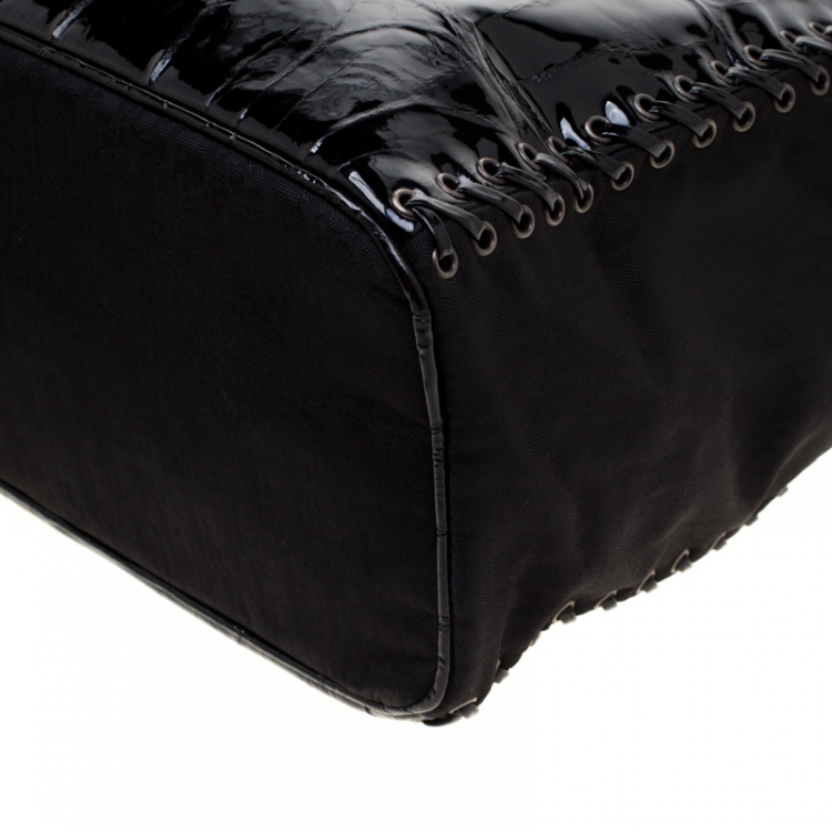 Pre Owned Dior Black Patent Leather and Diorissimo Nylon Lace Up Braided Handle Hobo