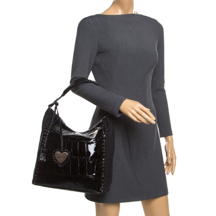 Pre Owned Dior Black Patent Leather and Diorissimo Nylon Lace Up Braided Handle Hobo