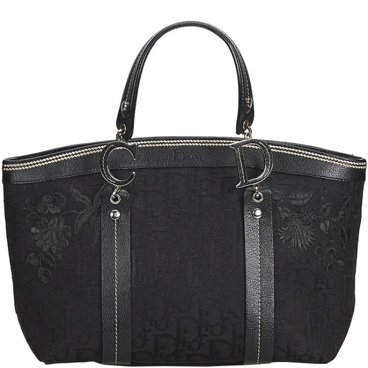 Pre Owned Christian Dior Black Embroidered Oblique Canvas Leather Everyday Bag