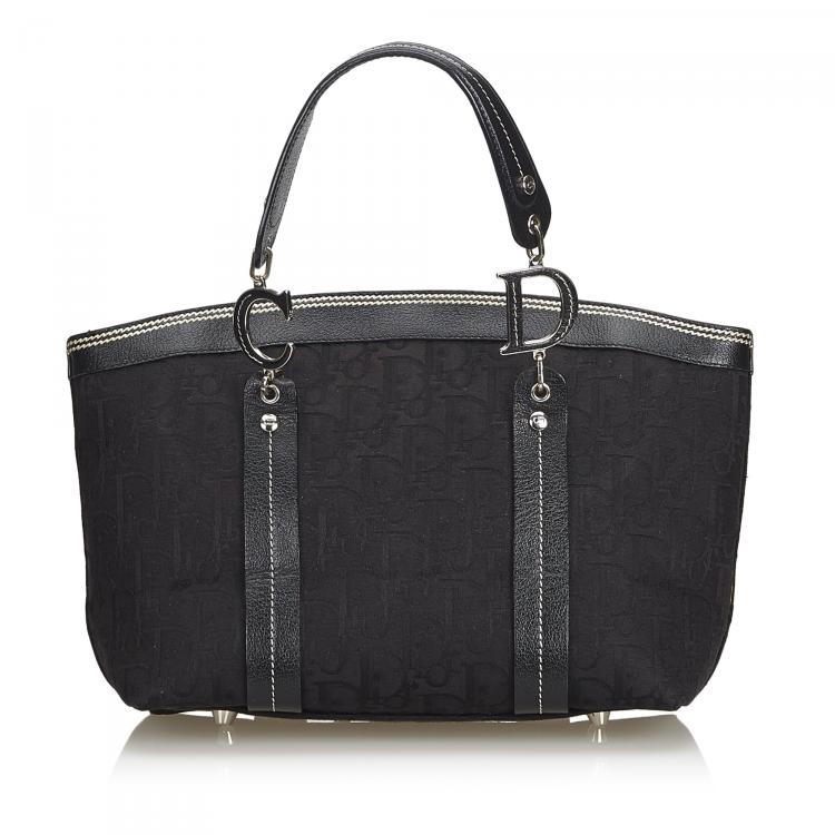 Pre Owned Christian Dior Black Embroidered Oblique Canvas Leather Everyday Bag