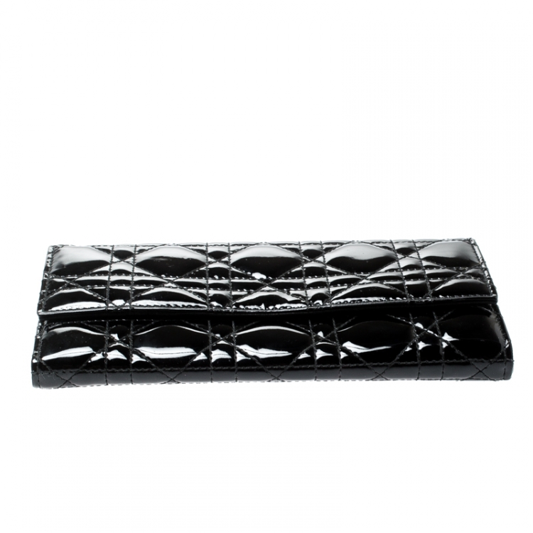 Pre Owned Dior Black Cannage Patent Leather Lady Dior Wallet on Chain