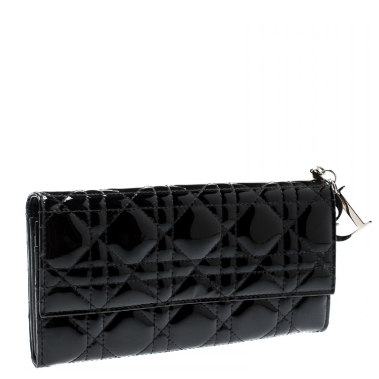Pre Owned Dior Black Cannage Patent Leather Lady Dior Wallet on Chain