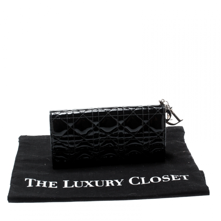 Pre Owned Dior Black Cannage Patent Leather Lady Dior Wallet on Chain