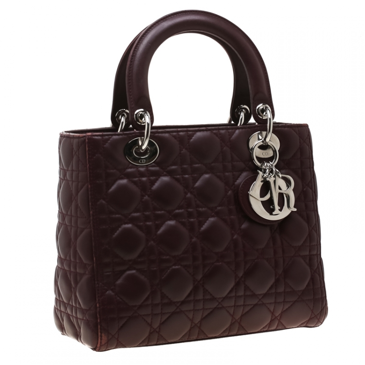 Pre Owned Dior Burgundy Leather Medium Lady Dior Tote