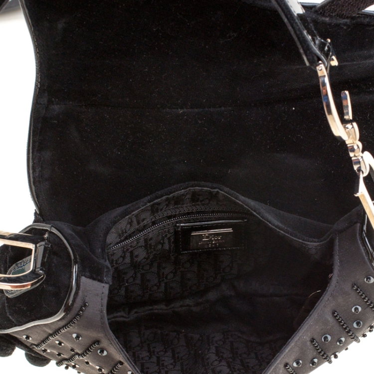 Pre Owned Dior Black Velvet/Nylon and Leather Pom Pom Embellished Saddle Bag