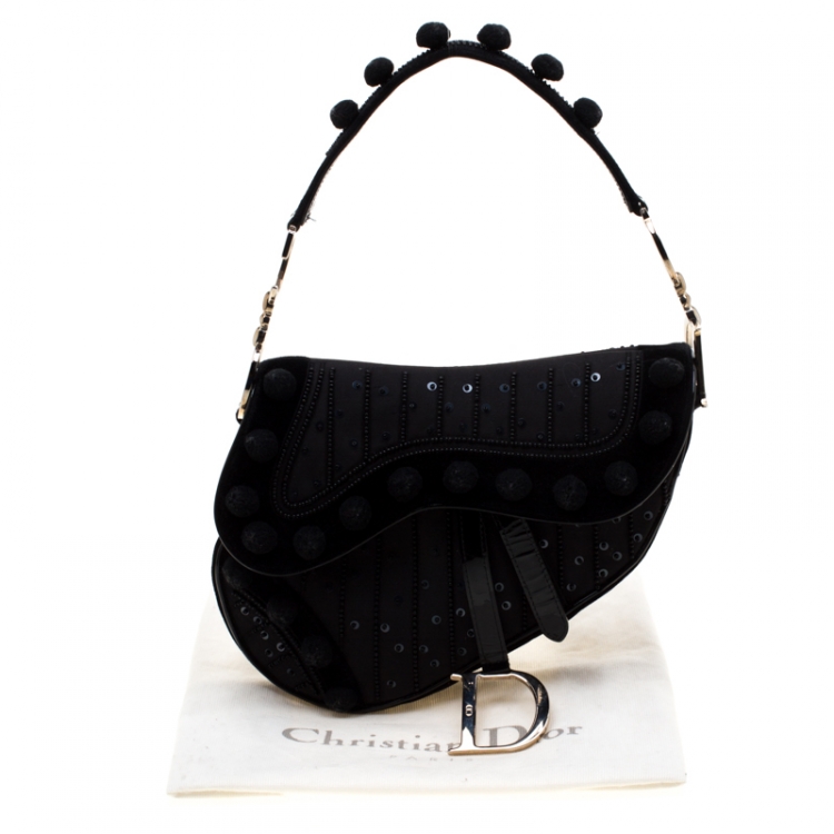 Pre Owned Dior Black Velvet/Nylon and Leather Pom Pom Embellished Saddle Bag