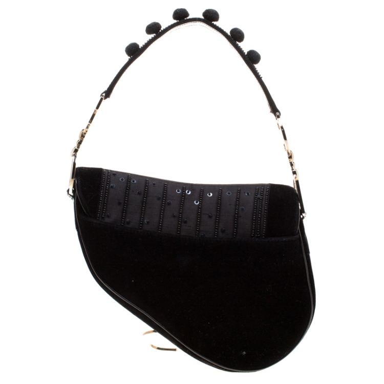 Pre Owned Dior Black Velvet/Nylon and Leather Pom Pom Embellished Saddle Bag