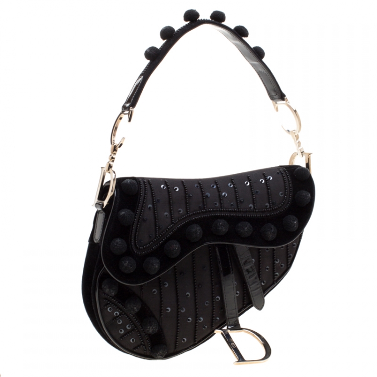 Pre Owned Dior Black Velvet/Nylon and Leather Pom Pom Embellished Saddle Bag