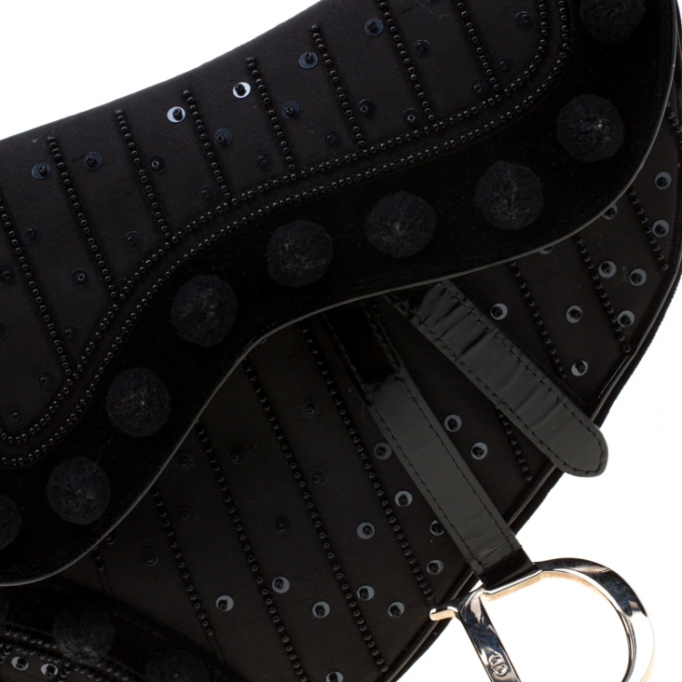 Pre Owned Dior Black Velvet/Nylon and Leather Pom Pom Embellished Saddle Bag