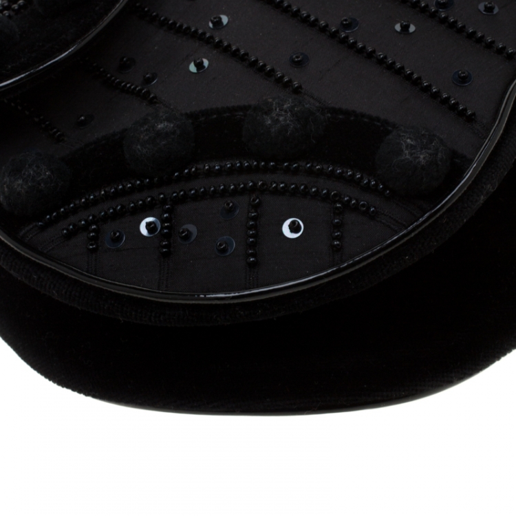 Pre Owned Dior Black Velvet/Nylon and Leather Pom Pom Embellished Saddle Bag