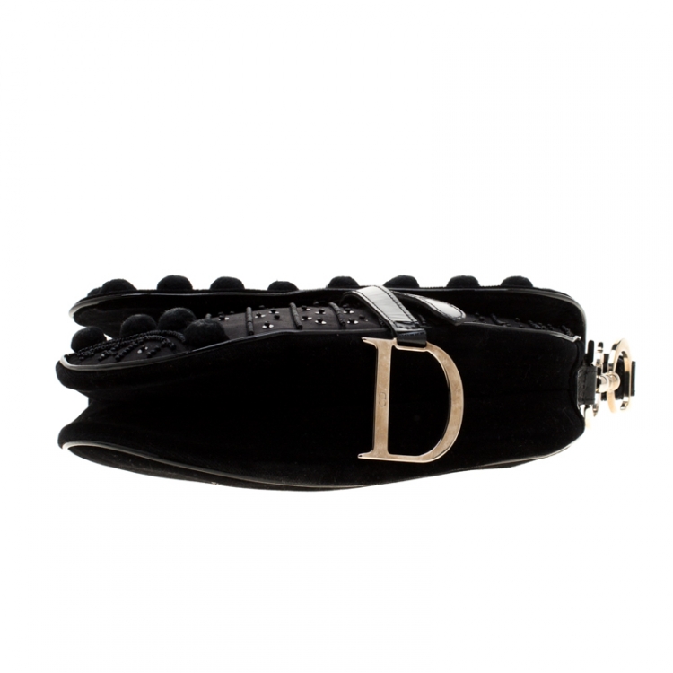 Pre Owned Dior Black Velvet/Nylon and Leather Pom Pom Embellished Saddle Bag