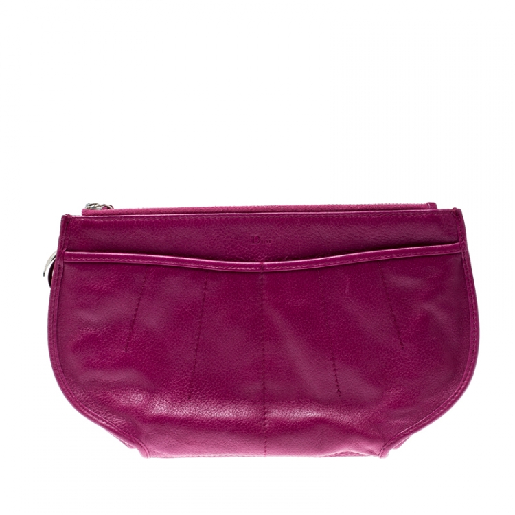 Pre Owned Dior Magenta Leather Wristlet Clutch