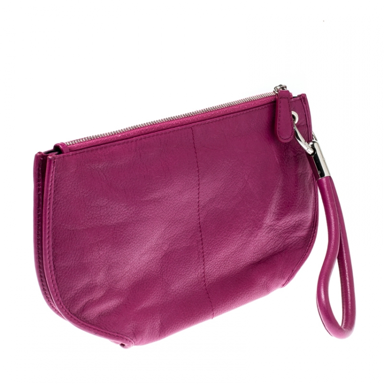 Pre Owned Dior Magenta Leather Wristlet Clutch