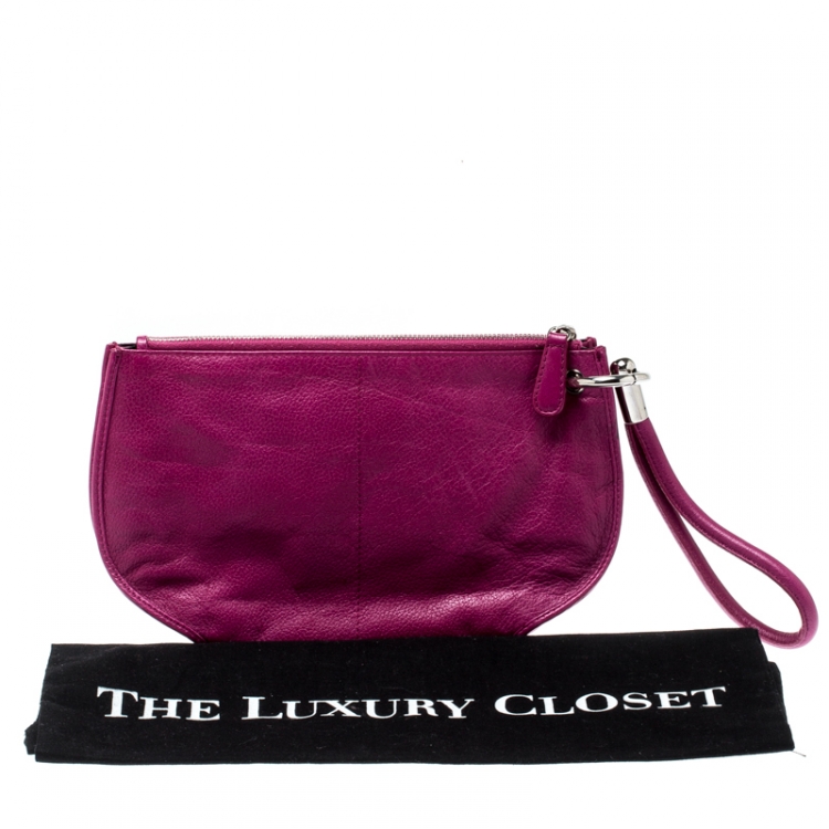 Pre Owned Dior Magenta Leather Wristlet Clutch