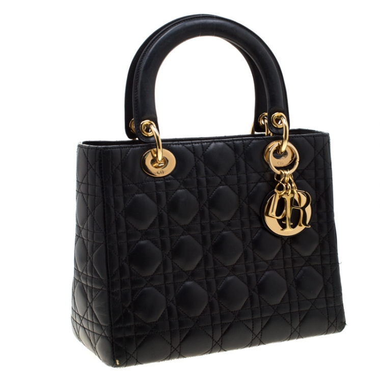 Pre Owned Dior Black Leather Medium Lady Dior Tote