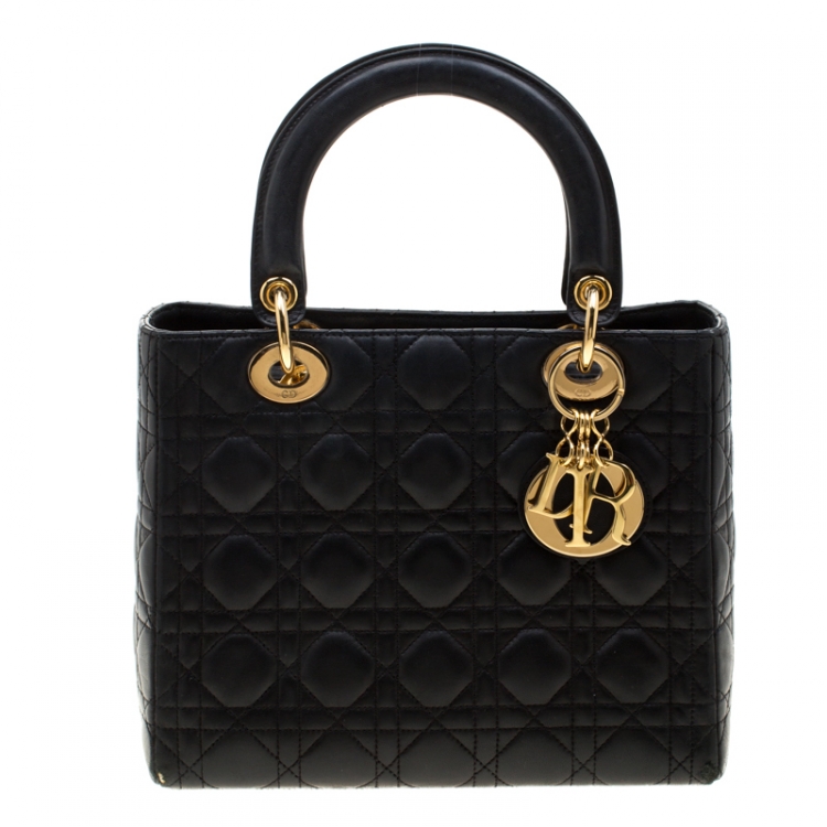 Pre Owned Dior Black Leather Medium Lady Dior Tote