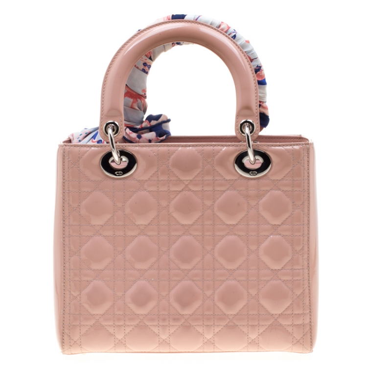 Pre Owned Dior Blush Pink Cannage Patent Leather Medium Lady Dior Top Handle Bag