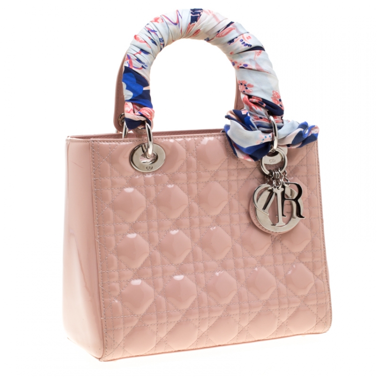Pre Owned Dior Blush Pink Cannage Patent Leather Medium Lady Dior Top Handle Bag