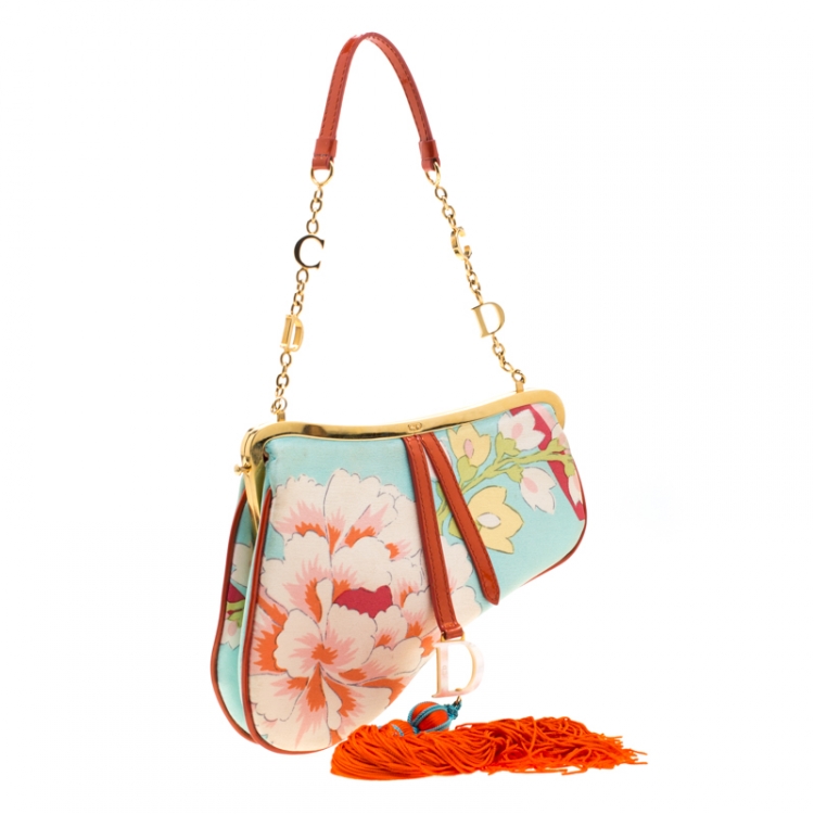 Pre Owned Dior Multicolor Floral Satin Limited Edition 0132 Fringe Saddle Bag