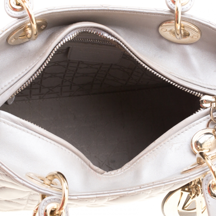 Pre Owned Dior Silver Leather Medium Lady Dior Tote