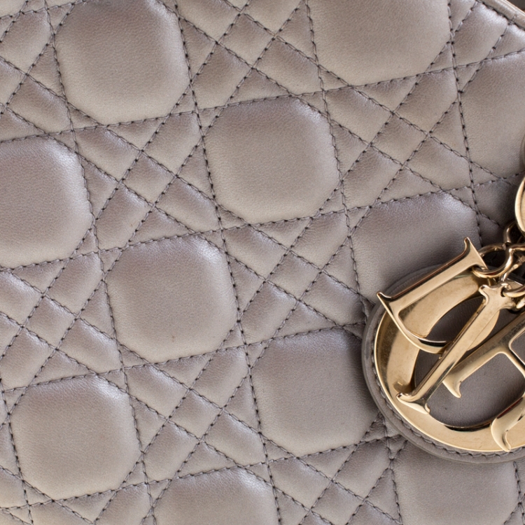 Pre Owned Dior Silver Leather Medium Lady Dior Tote