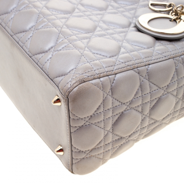 Pre Owned Dior Silver Leather Medium Lady Dior Tote
