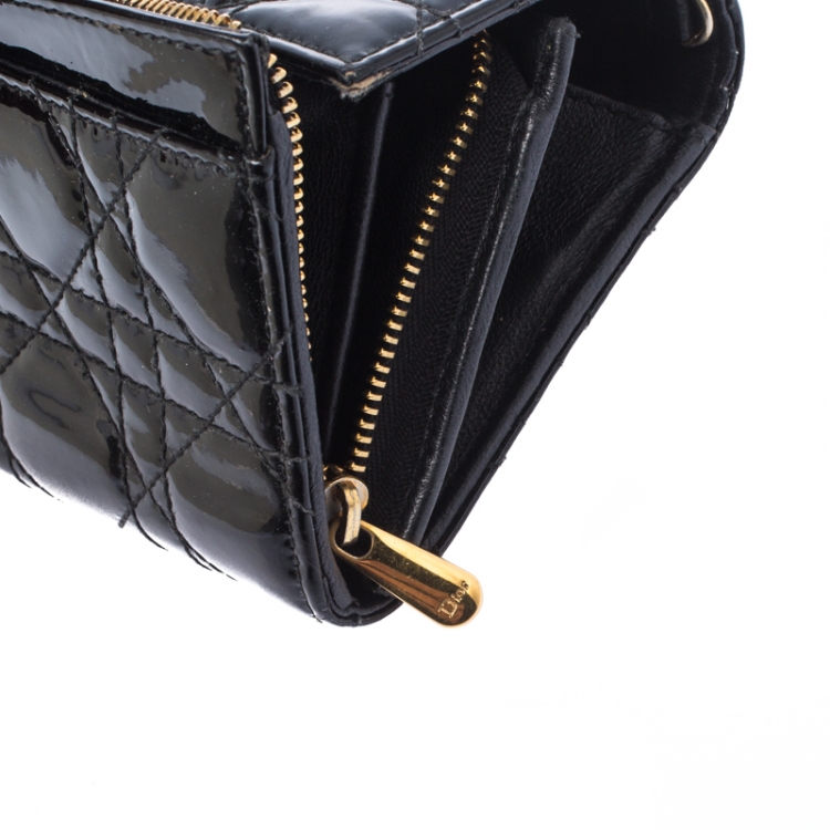Pre Owned Dior Black Cannage Patent Leather Lady Dior Wallet on Chain