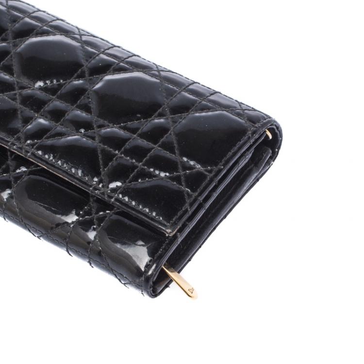 Pre Owned Dior Black Cannage Patent Leather Lady Dior Wallet on Chain