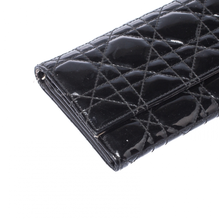 Pre Owned Dior Black Cannage Patent Leather Lady Dior Wallet on Chain