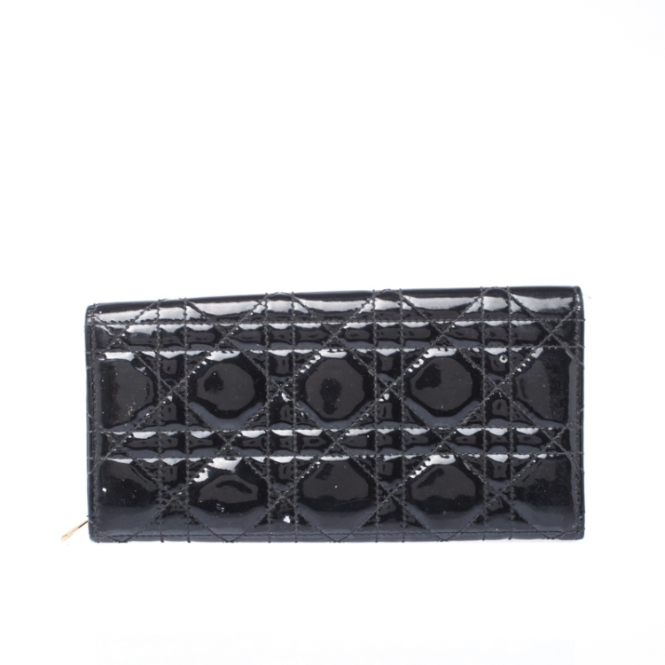 Pre Owned Dior Black Cannage Patent Leather Lady Dior Wallet on Chain