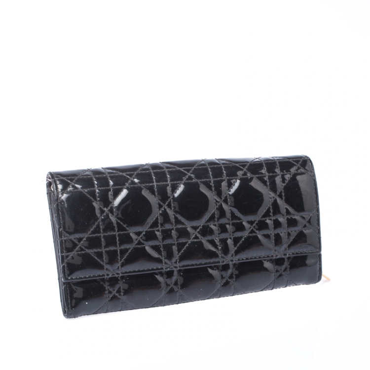 Pre Owned Dior Black Cannage Patent Leather Lady Dior Wallet on Chain